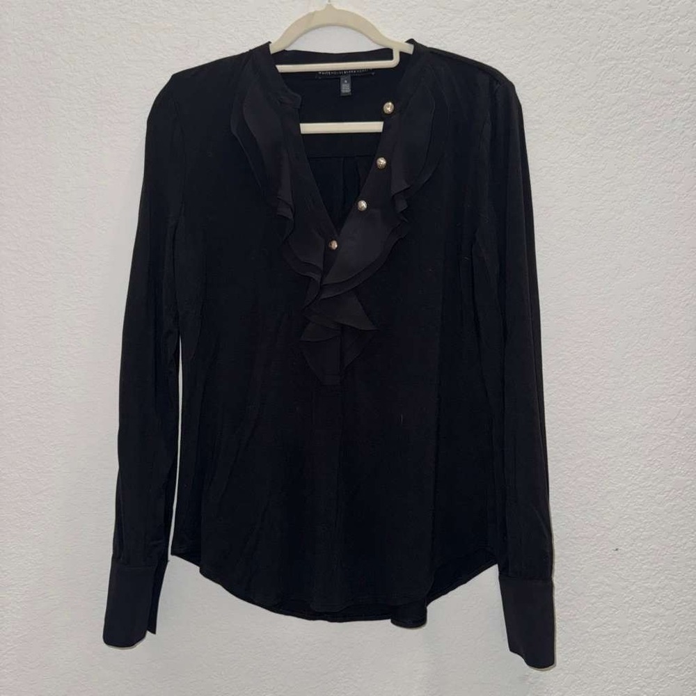 Whitehouse Black Market Womens Sz S Ruffle Neck Blouse Silver Button Renaissance